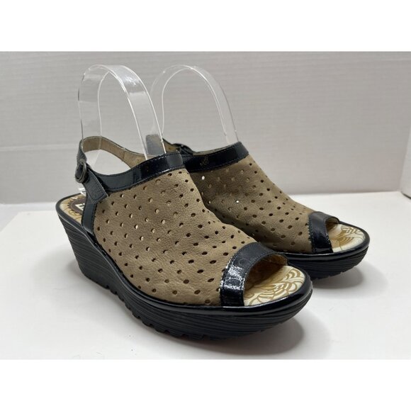 Fly London Yile Black Tan Suede Perforated‎ Leather Wedge Heel Sandals Size 37 - Picture 1 of 8